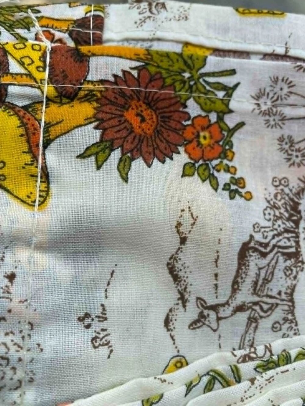 Vtg 70s Mushroom Woodland Toile Fabric Craft Lot 12 Pcs 11+ Yds Total Hemmed - Picture 3 of 7